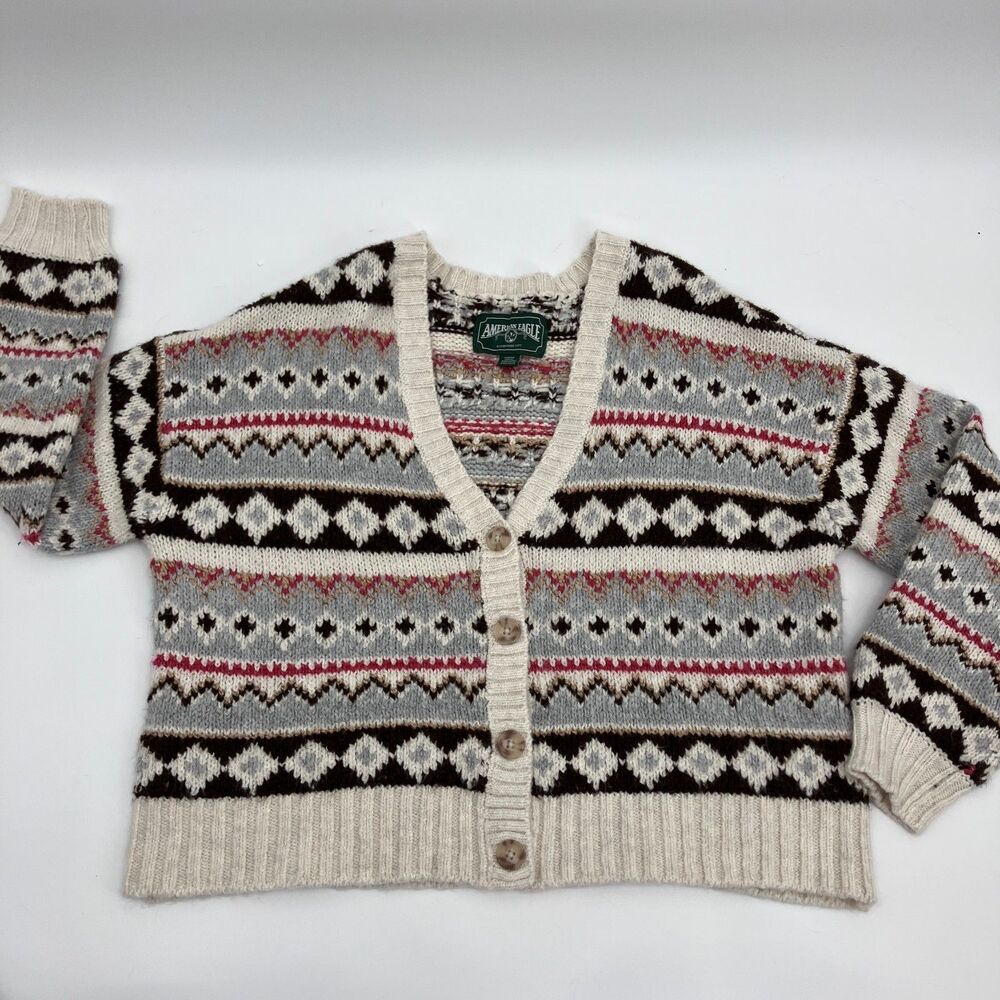 American Eagle Oversized Cropped Knit Fair Isle Cardigan Sweater, sz S cabincore